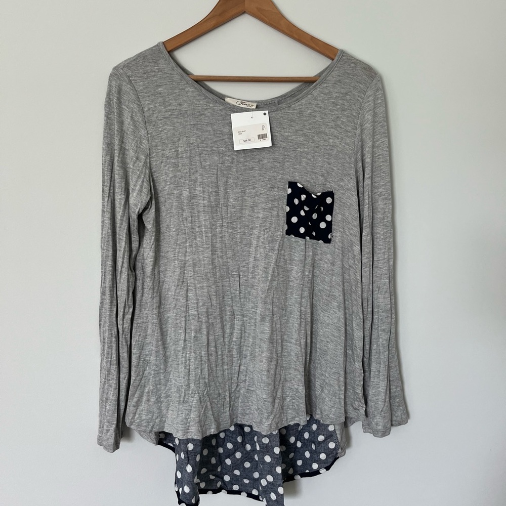 NWT Long Sleeve Gray Boutique Shirt with Navy Polkadot Back